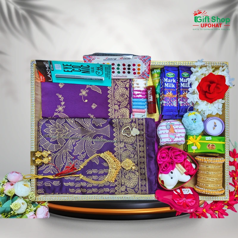 Japanese Half Silk Saree Gift Box – Royal Purple Combo | 20+ Gift Items