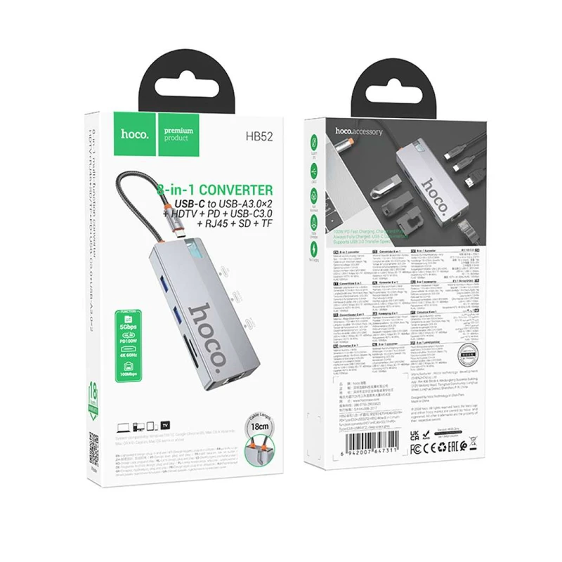 HB52 Wow 8-in-1 multi-function converter(HDTV+RJ45+SD/TF+PD+TypeC3.0+USB3.0*2)