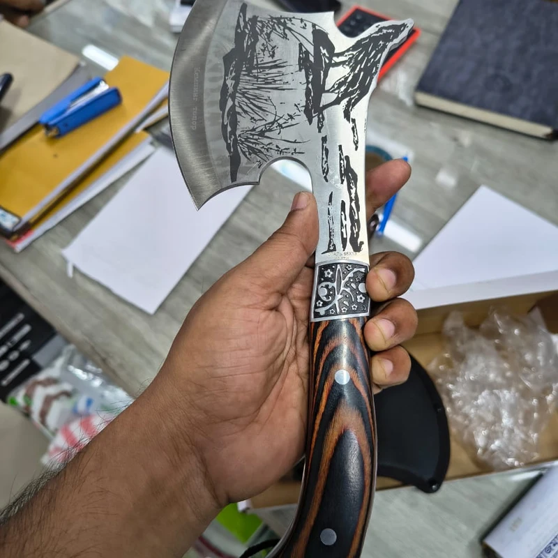 Tactical Hunting Axe with Wood Handle & Laser Engraved Blade – Premium Survival Tool
