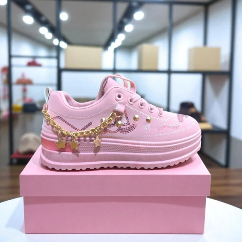 223 - Pink Sneakers with Star Chain and Sequin Design—Perfect for Stylish, Casual Days