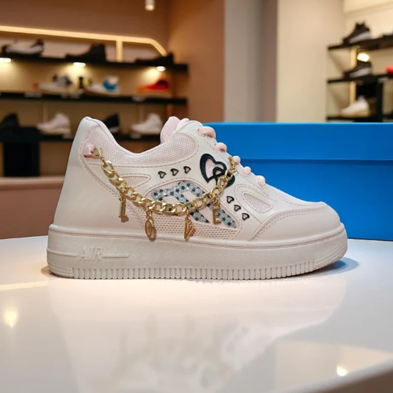 228-Pink Sneakers Accents & "LOVE" Charms—Charming & Fashionable Casual Footwear
