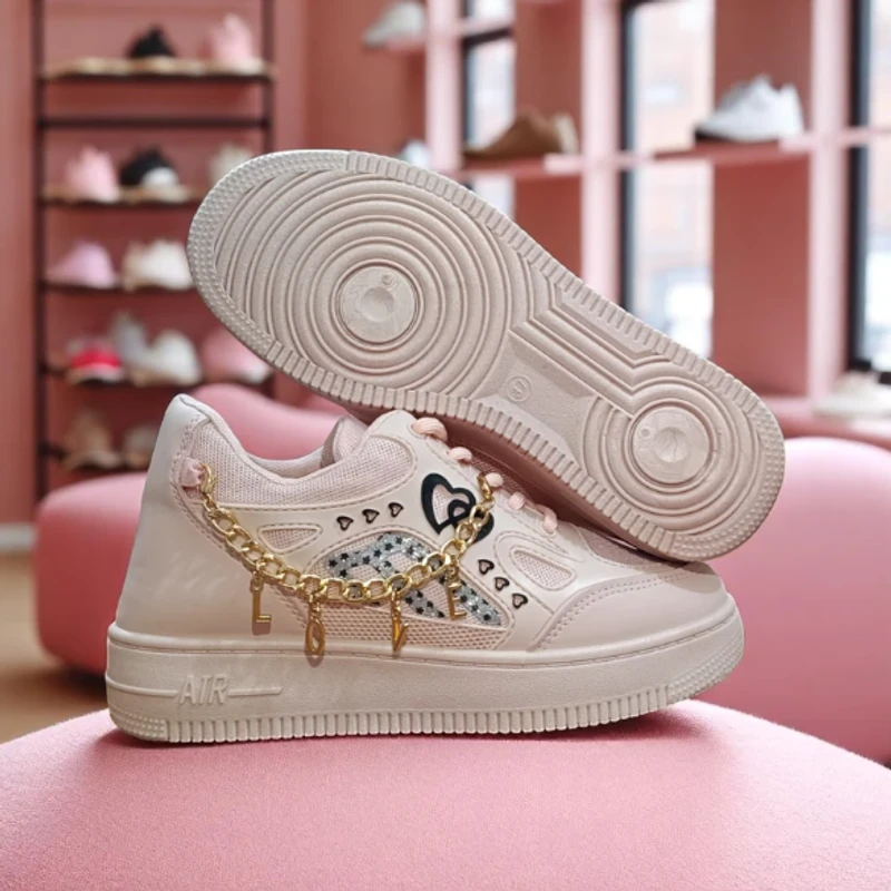 228-Pink Sneakers Accents & "LOVE" Charms—Charming & Fashionable Casual Footwear
