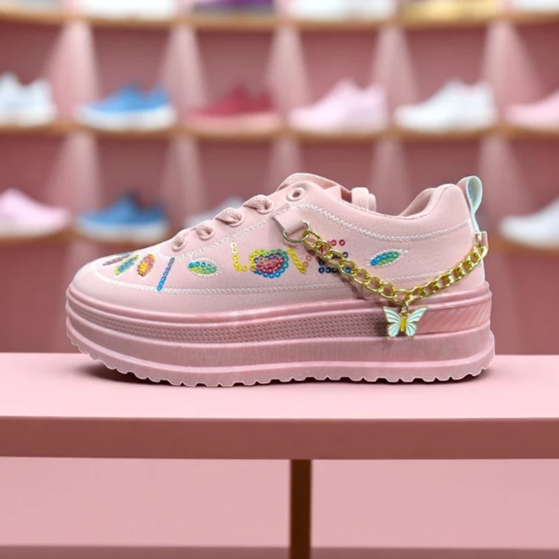 226 - Pink Sneakers with Sequin "LOVE" Design and Butterfly Chain—Perfect for Trendy and Playful Days