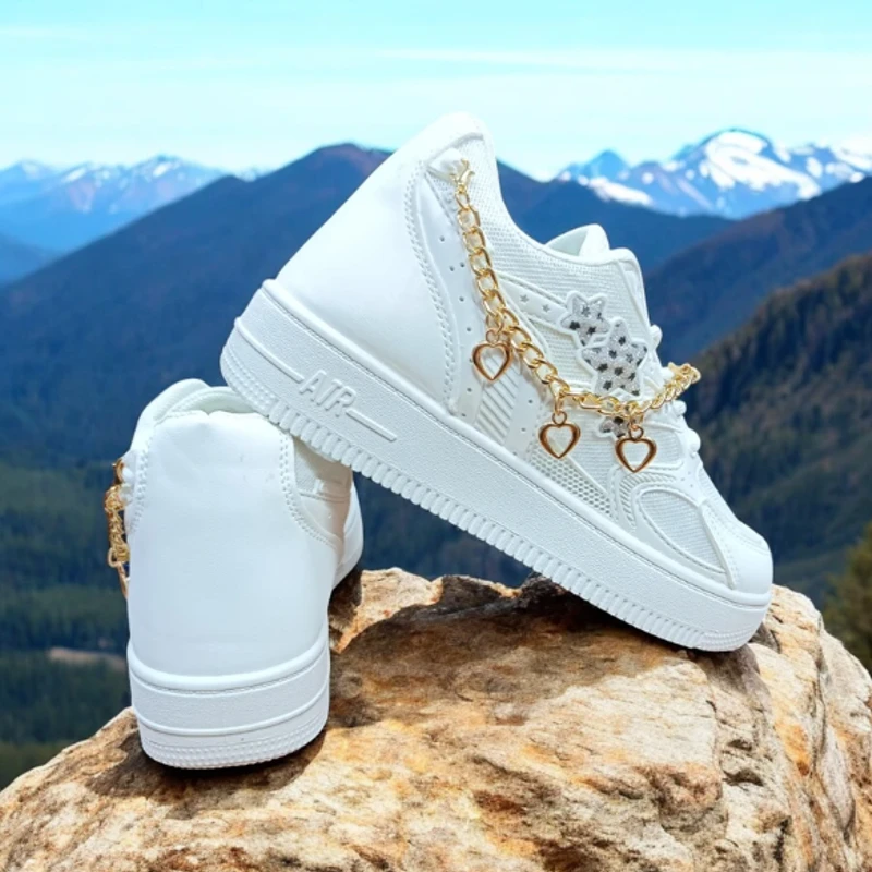 229 - Trendy White Sneakers with Star Chain and Sequin Design—Perfect for Stylish, Casual Days