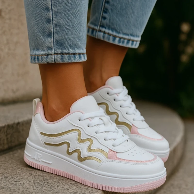 221- Pink Sneaker with Gold Accents—Chic & Elegant Casual Footwear