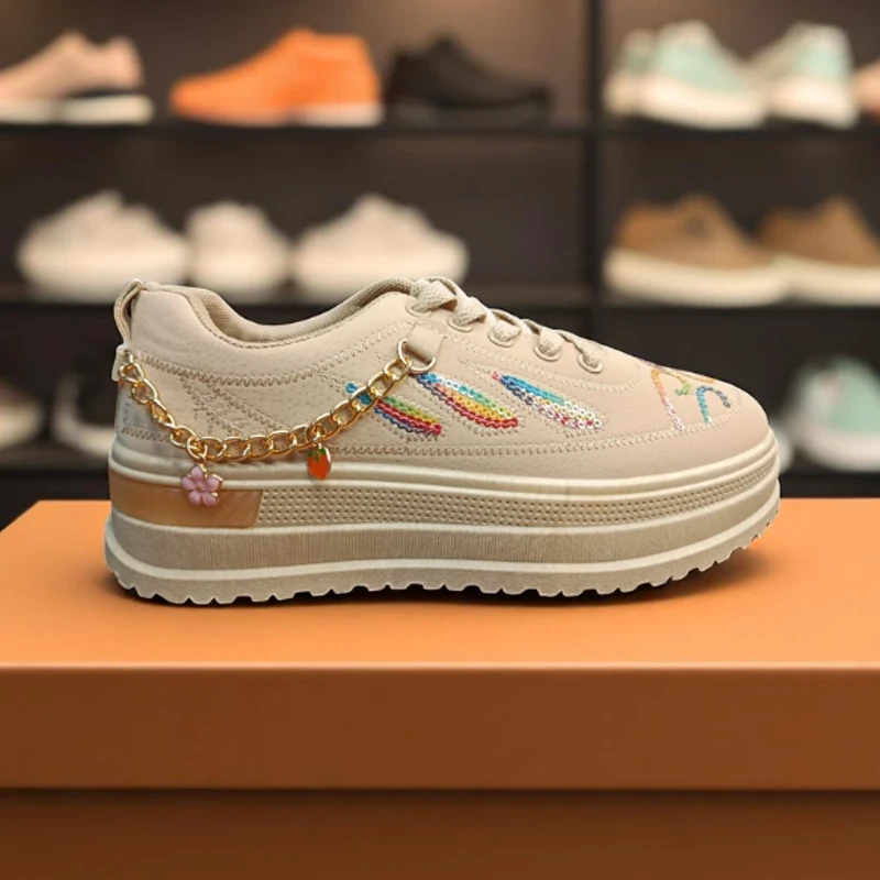 225 - Colorful Embroidered White Sneakers with Trendy Design and Chain Accents—Perfect for Casual and Fashionable Looks