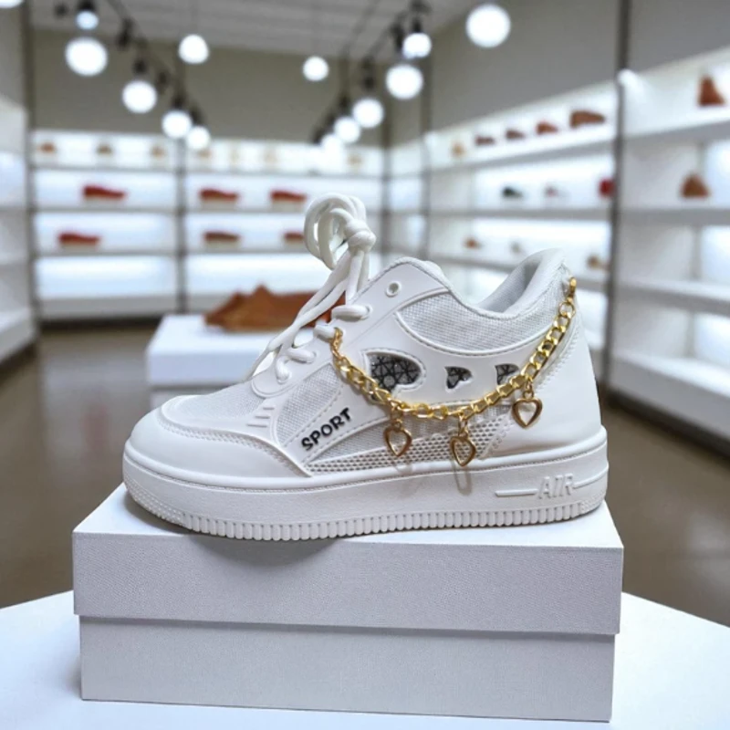 227-White Sneakers with Heart-Shaped Charms & Gold Chain—Charming & Elegant Casual Footwear