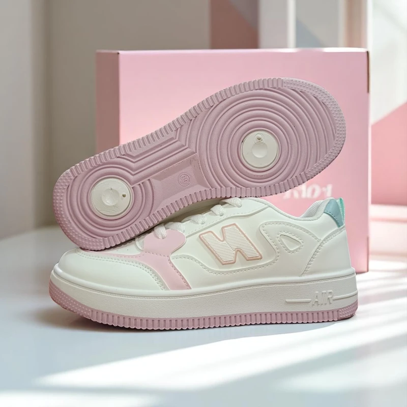 213- Pink and Blue Accented White Sneakers—Chic & Stylish Casual Footwear