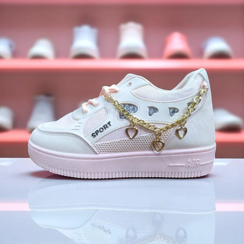 227-Pink Sneakers with Heart Charms & Gold Chain—Chic & Feminine Casual Footwear