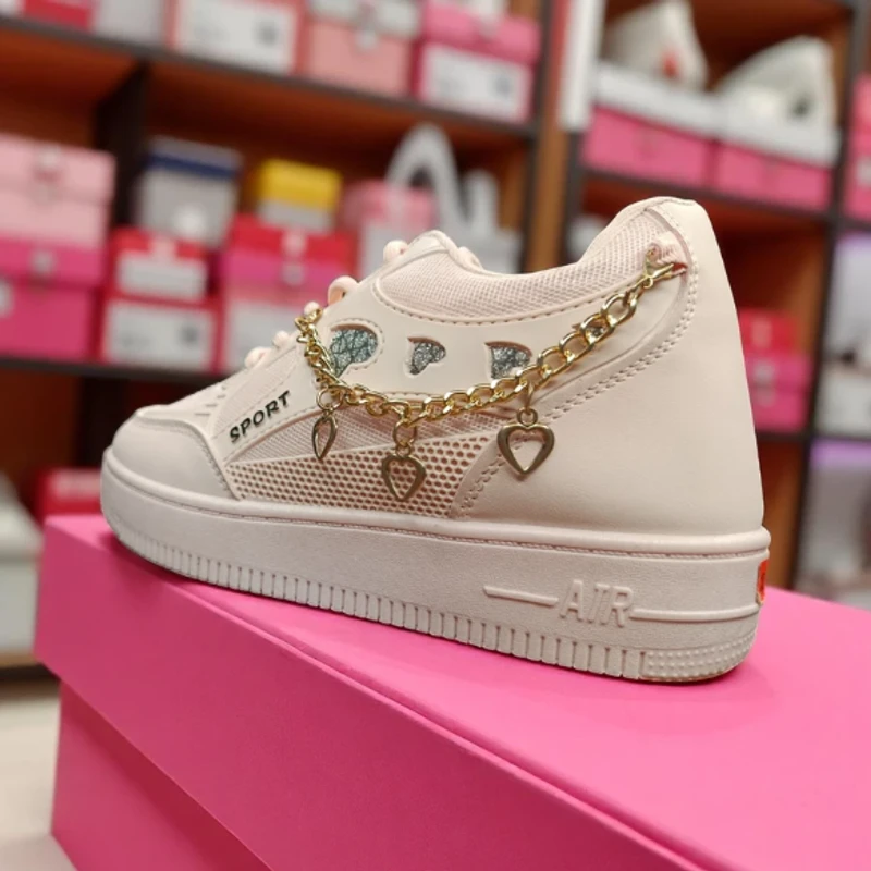 227-Pink Sneakers with Heart Charms & Gold Chain—Chic & Feminine Casual Footwear