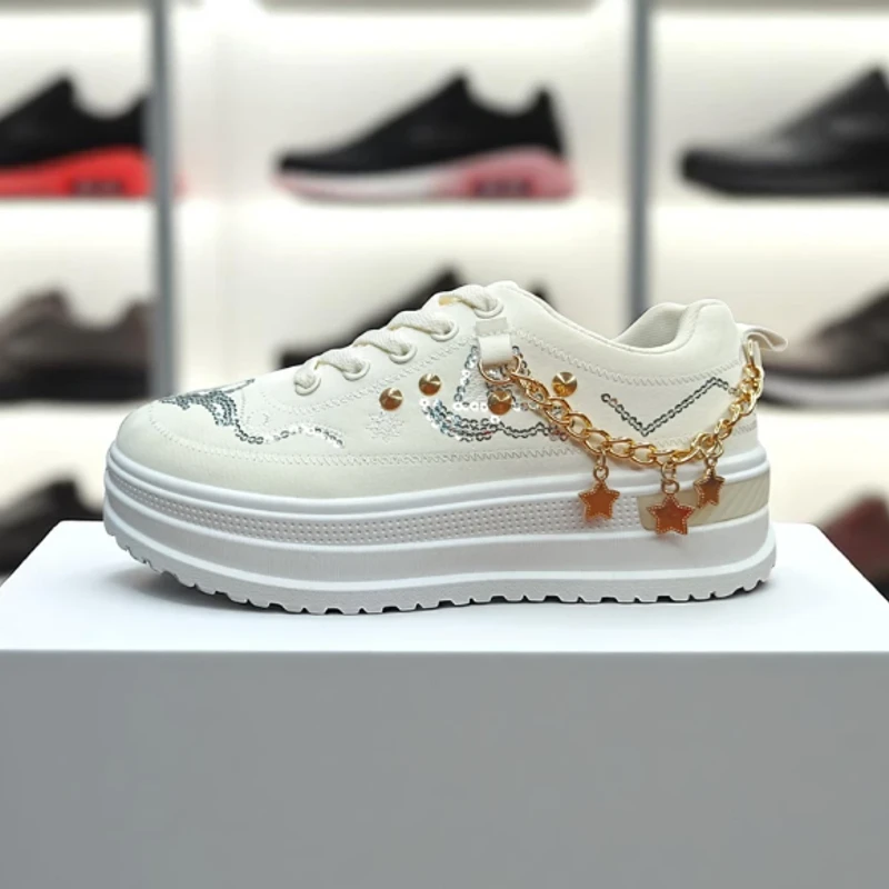 223 - White Sneakers with Star Chain and Sequin Design—Perfect for Stylish, Casual Days