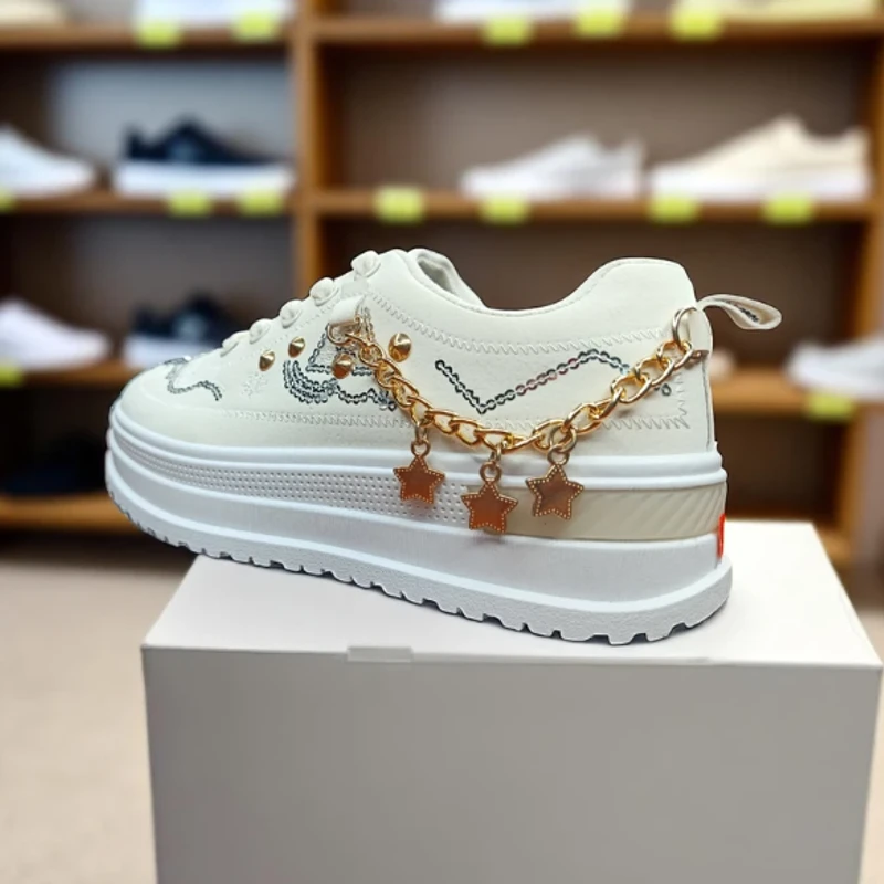 223 - White Sneakers with Star Chain and Sequin Design—Perfect for Stylish, Casual Days - Thumbnail 3