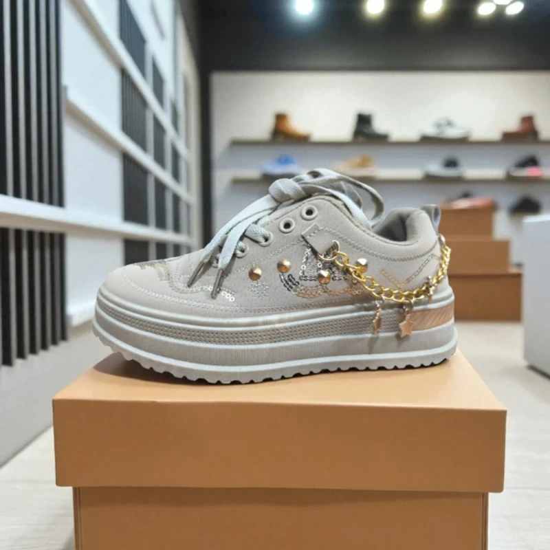 223 - Camel Sneakers with Star Chain and Sequin Design—Perfect for Stylish, Casual Days