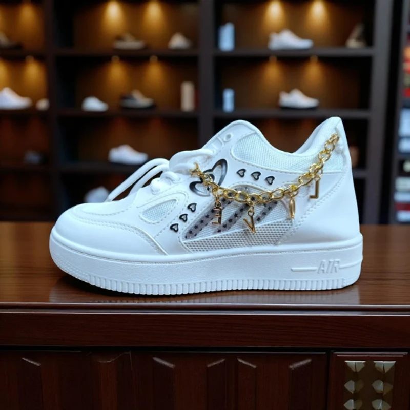 228 - White Sneakers with Heart and Star Design and Gold Charm Chain—Perfect for Trendy and Fun Look