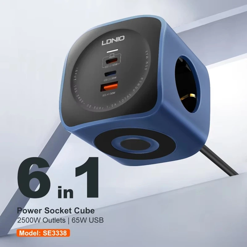 LDNIO SE3338 2500W Cube Power Strip: 3 AC Outlets, 3 USB Ports - Compact Surge Protector for Home & Office | LDNIO Bangladesh