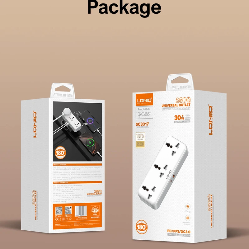 LDNIO SC3317 Portable Extension Power Socket with 3 AC Outlets & 30W USB Fast Charging - Image 6