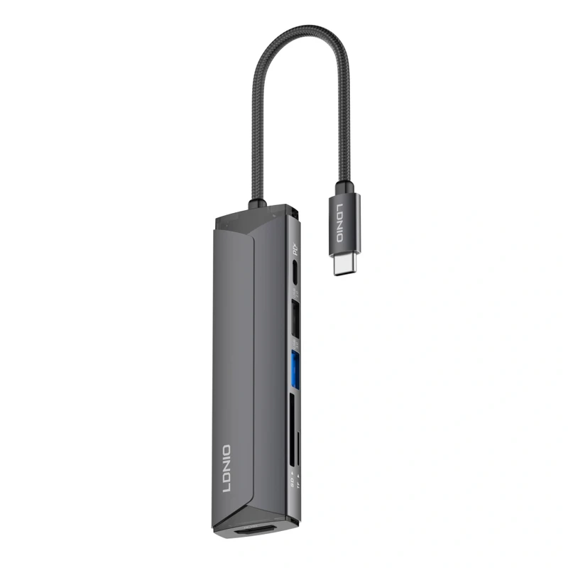 Boost Productivity! LDNIO 5-in-1 USB-C Hub: 4K HDMI, 100W PD Charging, USB 3.0, SD/TF Reader - Space Gray