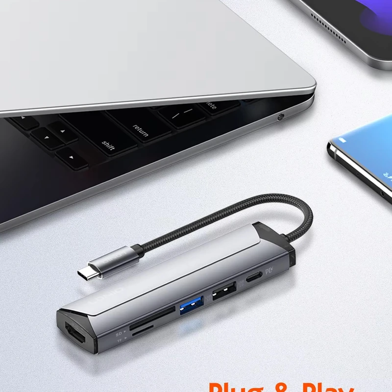 Boost Productivity! LDNIO 5-in-1 USB-C Hub: 4K HDMI, 100W PD Charging, USB 3.0, SD/TF Reader - Space Gray