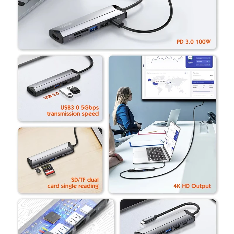 Boost Productivity! LDNIO 5-in-1 USB-C Hub: 4K HDMI, 100W PD Charging, USB 3.0, SD/TF Reader - Space Gray - Image 3