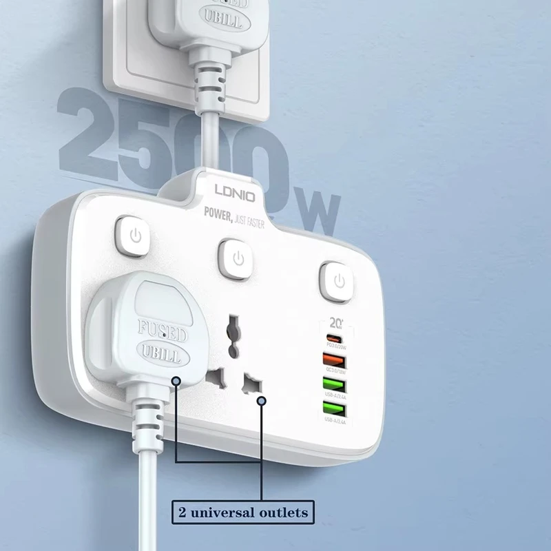 6-in1 Fast Charging Power Hub 2 AC, PD 20W & QC3.0 USB for All Devices