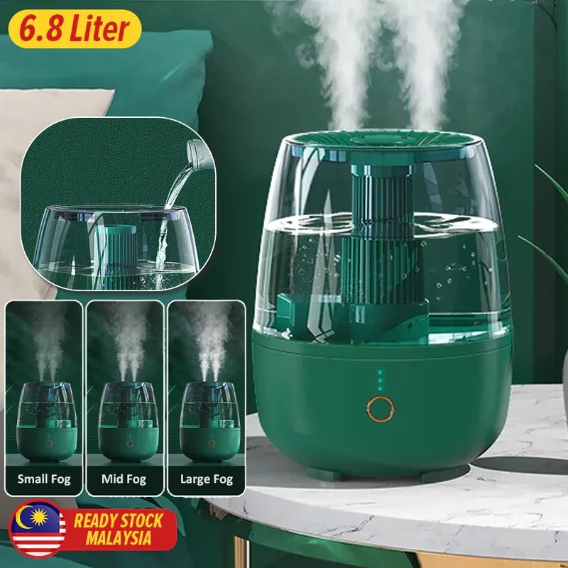 6.8L Dual Nozzle USB Humidifier - Green | Long-Lasting Moisture, Quiet for Sleep & Work