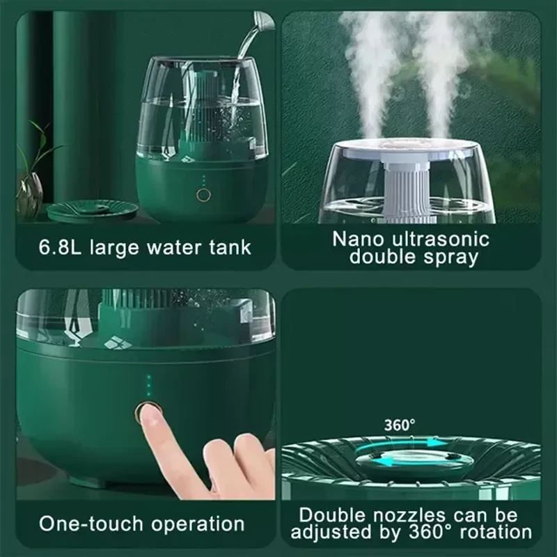 6.8L Dual Nozzle USB Humidifier - Green | Long-Lasting Moisture, Quiet for Sleep & Work - Image 4