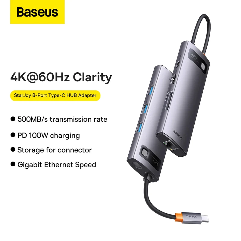 Baseus Starjoy 8 in 1 Type-C HUB Adapter | USB C Multiport Adapter with 4K HDMI, Ethernet, SD/TF, 100W PD